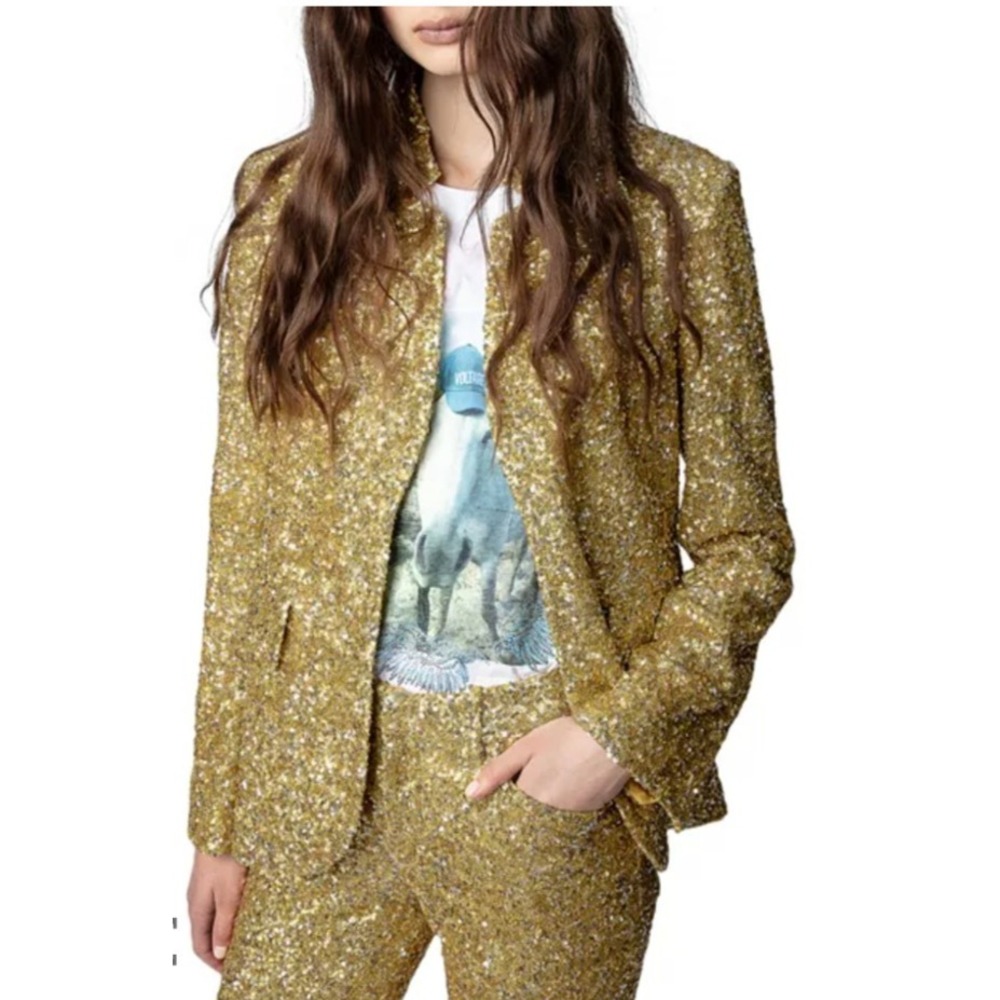 Zadig & Voltaire NWOT Med Very Sequins Gold Blazer Silk Cotton New Years Rock